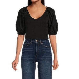 A loves A V-Neck Short Balloon Puff Sleeve Top Black Sz S